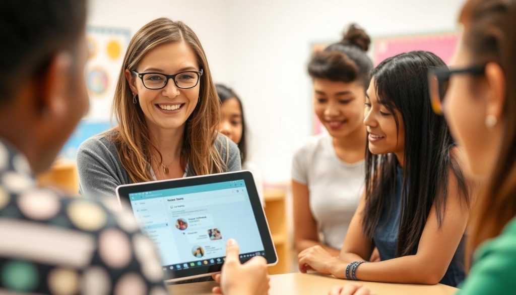 Teacher demonstrating a parent communication app on a tablet