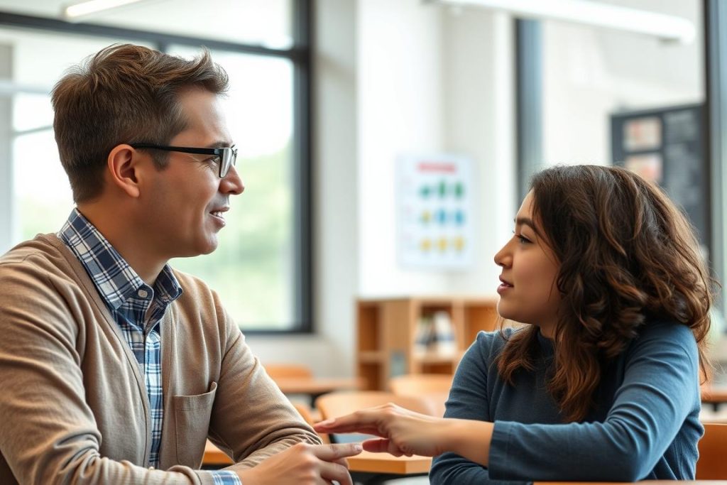 Teacher demonstrating active listening with a student, building authentic relationships through genuine interest Teacher demonstrating active listening with a student, building authentic relationships through genuine interest