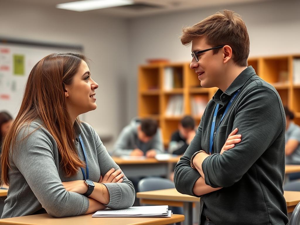Teacher demonstrating active listening with a student in a one-on-one conversation Teacher demonstrating active listening with a student in a one-on-one conversation