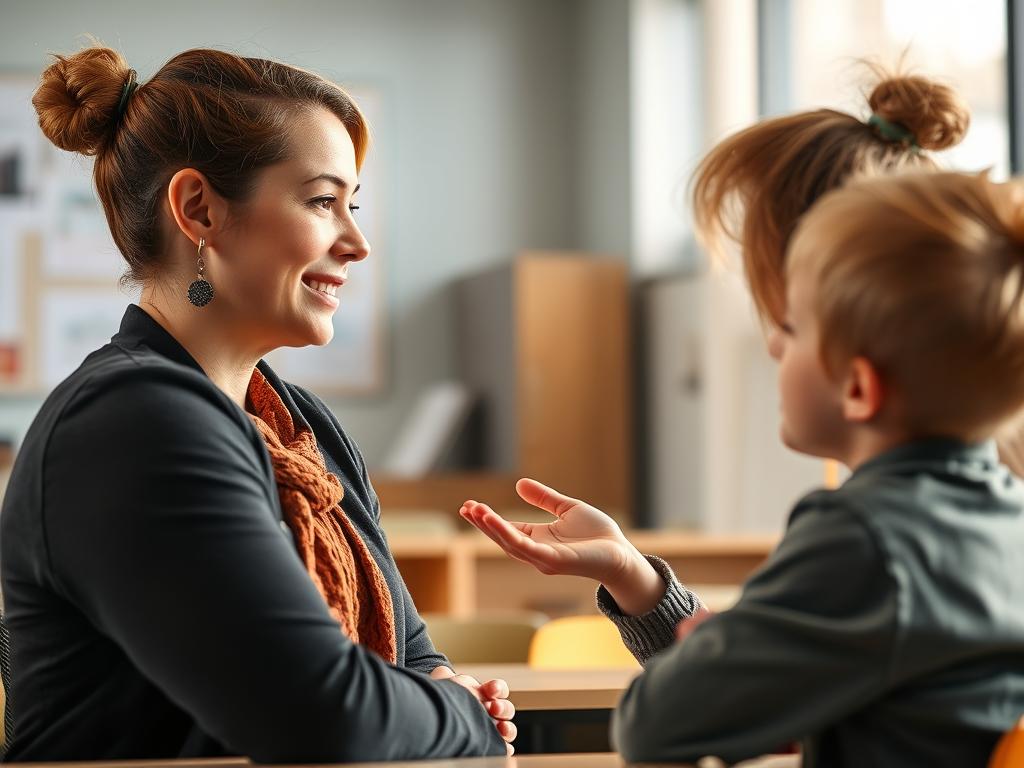 Teacher demonstrating active listening with a student, providing essential supports for learning