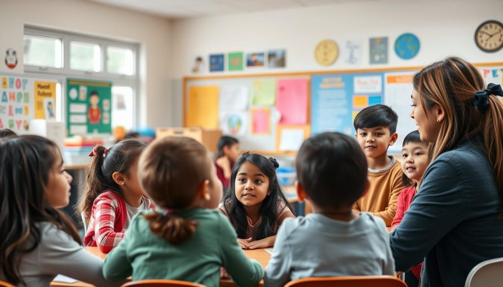Teacher engaging with diverse students in a classroom demonstrating authentic relationships Teacher engaging with diverse students in a classroom, demonstrating authentic relationships