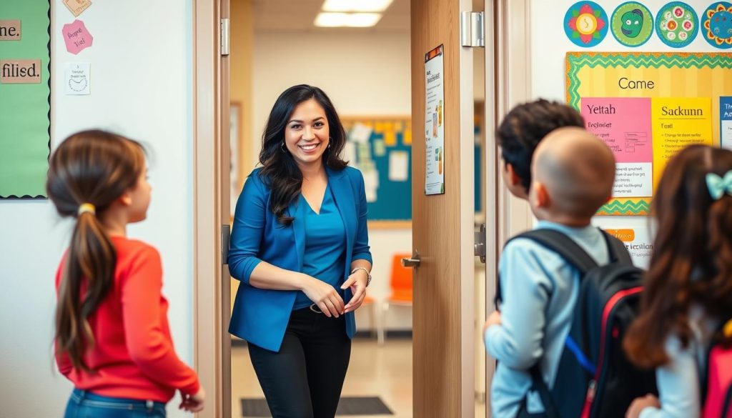 Teacher greeting students at classroom door demonstrating building and sustaining classroom Teacher greeting students at classroom door, demonstrating building and sustaining classroom relationships