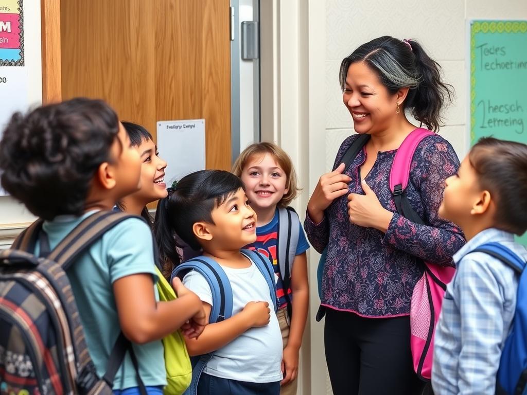 Teacher greeting students at classroom door, demonstrating the first step in building relationships with students Teacher greeting students at classroom door, demonstrating the first step in building relationships with students