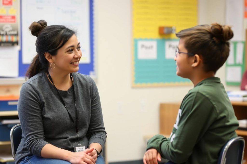 Teacher having a one-on-one conversation with a student, demonstrating active listening skills essential for building relationships with students Teacher having a one-on-one conversation with a student, demonstrating active listening skills essential for building relationships with students