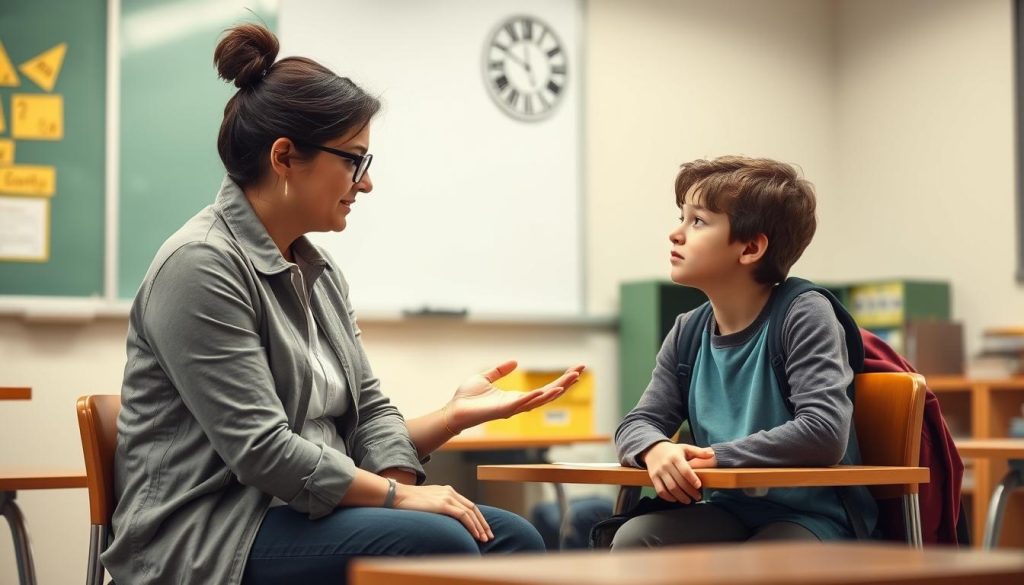 Teacher having a one-on-one conversation with a student in a supportive manner, showing essential supports for learning