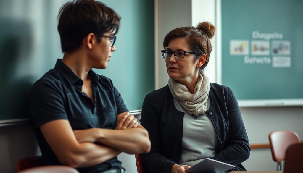 Teacher having a one-on-one conversation with a student who appears reluctant or challenging Teacher having a one-on-one conversation with a student who appears reluctant or challenging