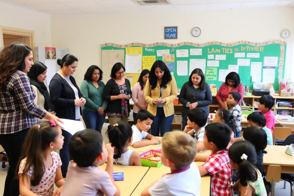 Teacher hosting a classroom open house with parents engaged in activities