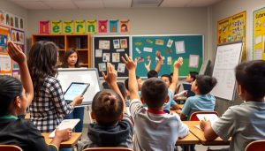 Teacher implementing formative assessment strategies in a classroom with students raising hands Teacher implementing formative assessment strategies in a classroom with students raising hands