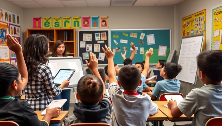 Teacher implementing formative assessment strategies in a classroom with students raising hands