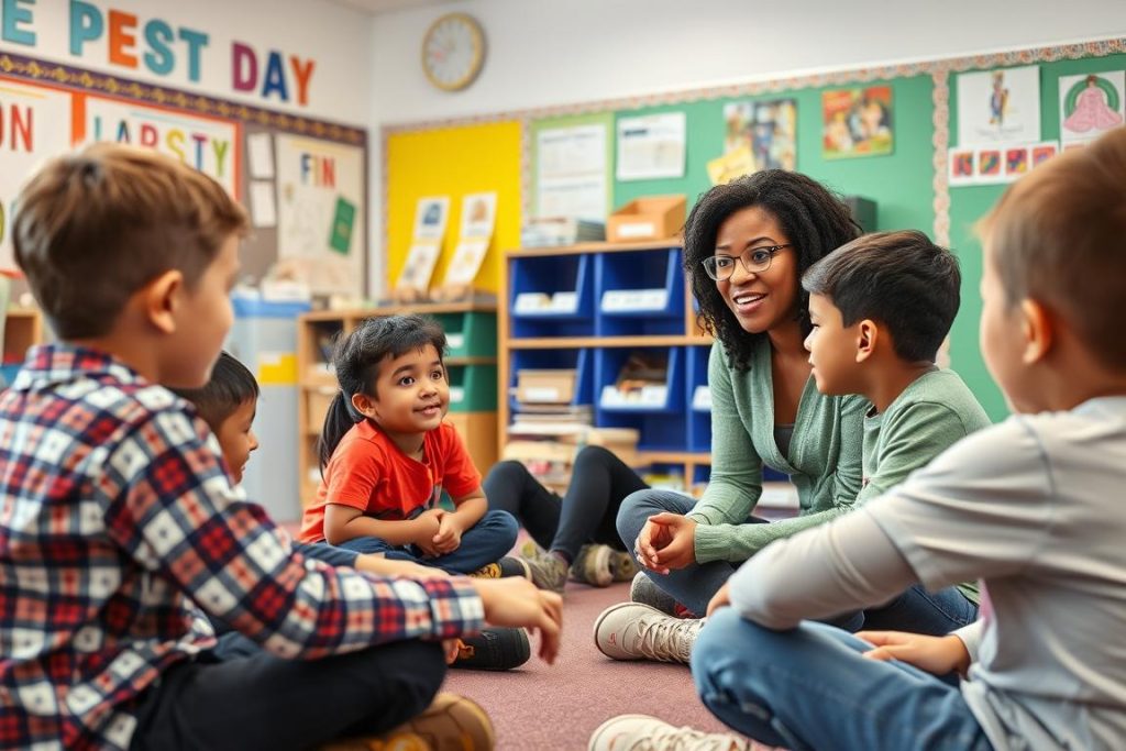 Teacher implementing relationship-building activities with elementary students Teacher implementing relationship-building activities with elementary students