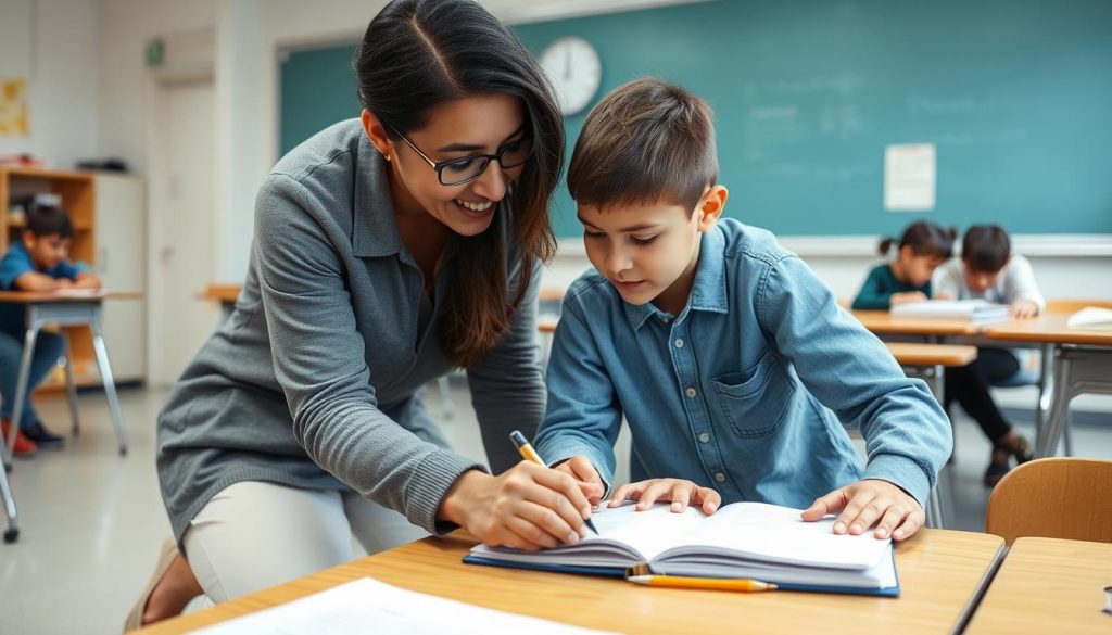 Teacher kneeling at student desk for one-on-one conference, demonstrating building relationships through individual attention Teacher kneeling at student desk for one-on-one conference, demonstrating building relationships through individual attention