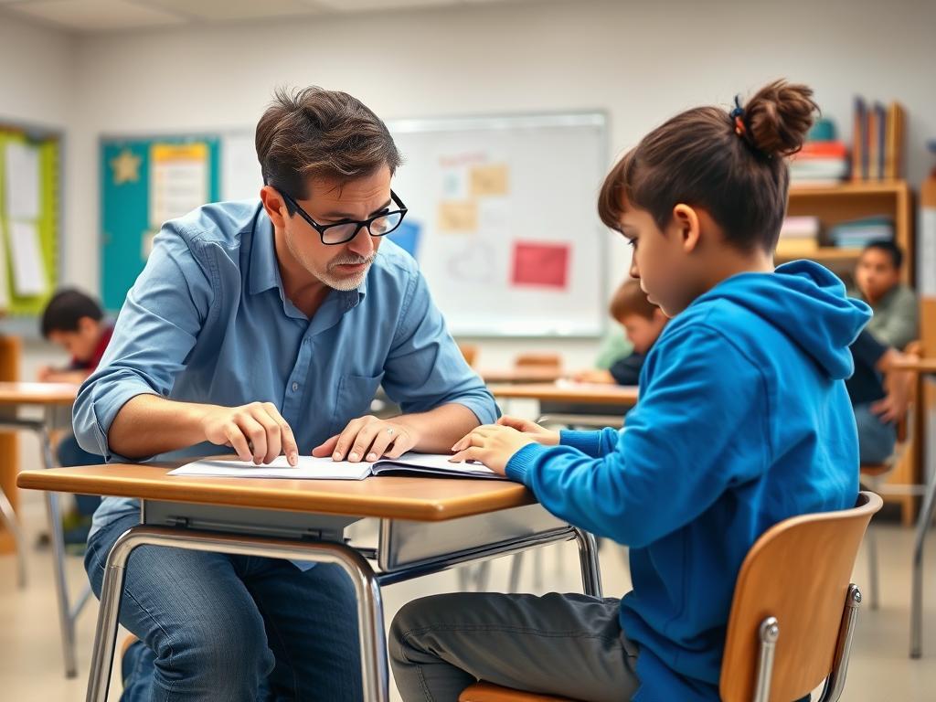 Teacher providing specific feedback to student, demonstrating essential supports for learning