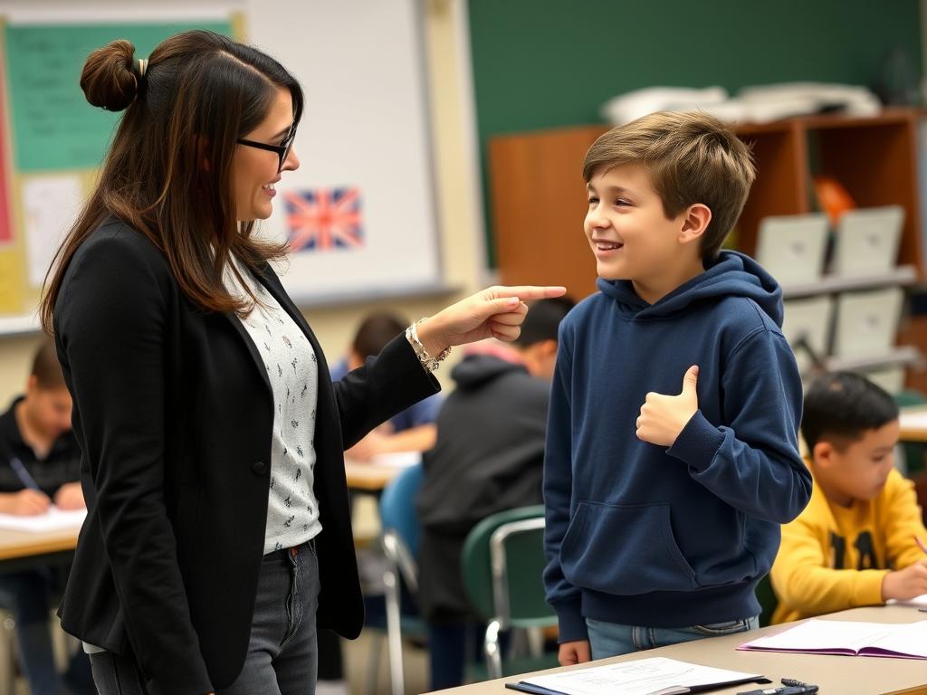 Teacher providing specific positive feedback to student about their work Teacher providing specific positive feedback to student about their work