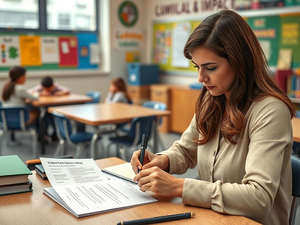 Teacher reviewing student feedback forms about classroom relationships and community Teacher reviewing student feedback forms about classroom relationships and community