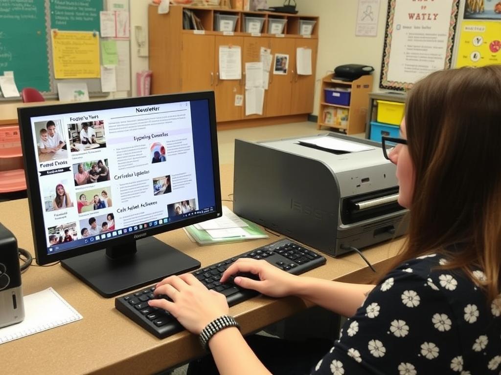Teacher reviewing weekly newsletter before sending to parents