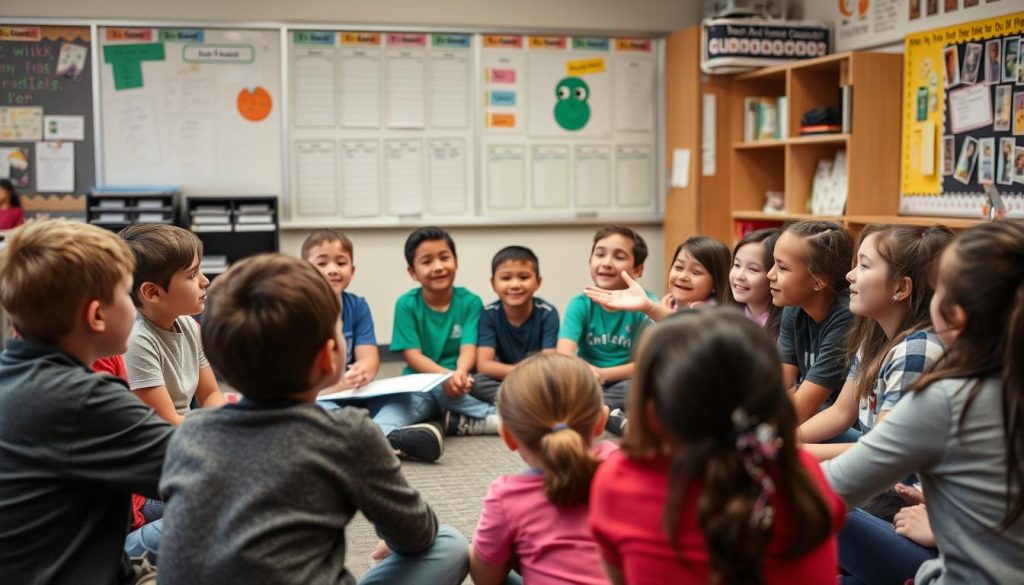 Teacher sharing appropriate personal story with engaged students in classroom circle Teacher sharing appropriate personal story with engaged students in classroom circle