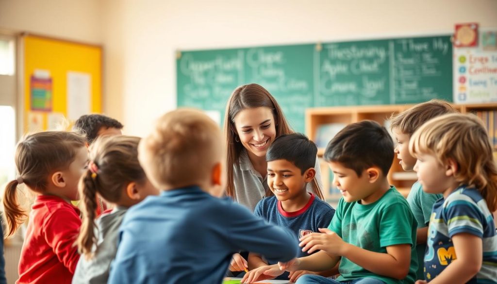 Teacher smiling while helping a diverse group of elementary students with a classroom activity Teacher smiling while helping a diverse group of elementary students with a classroom activity, demonstrating building relationships in action