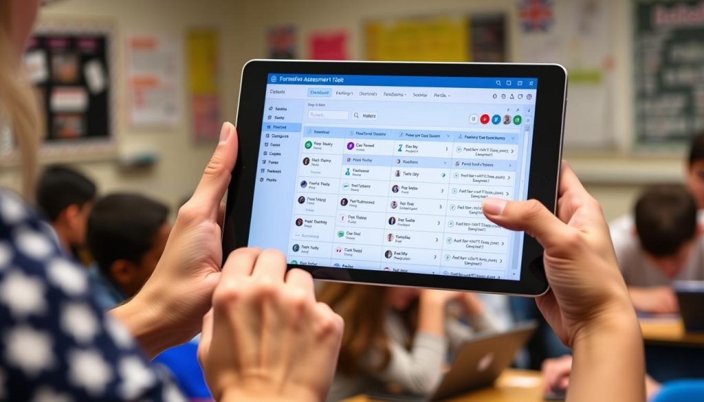Teacher using digital formative assessment tools on tablet