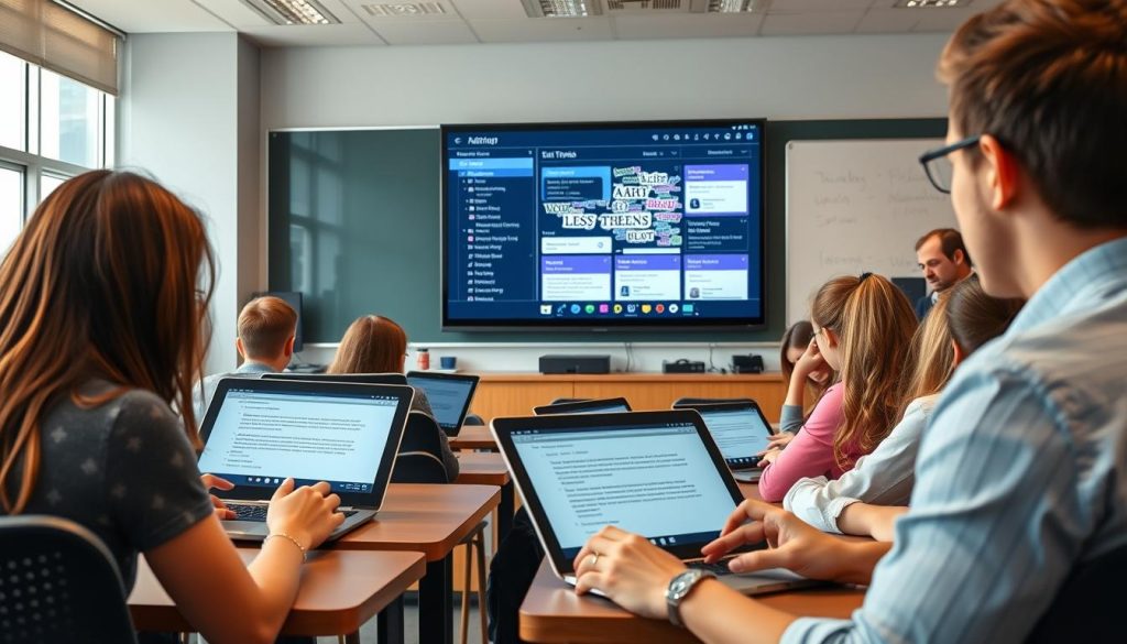 Teacher using digital tools for formative assessment with students on tablets