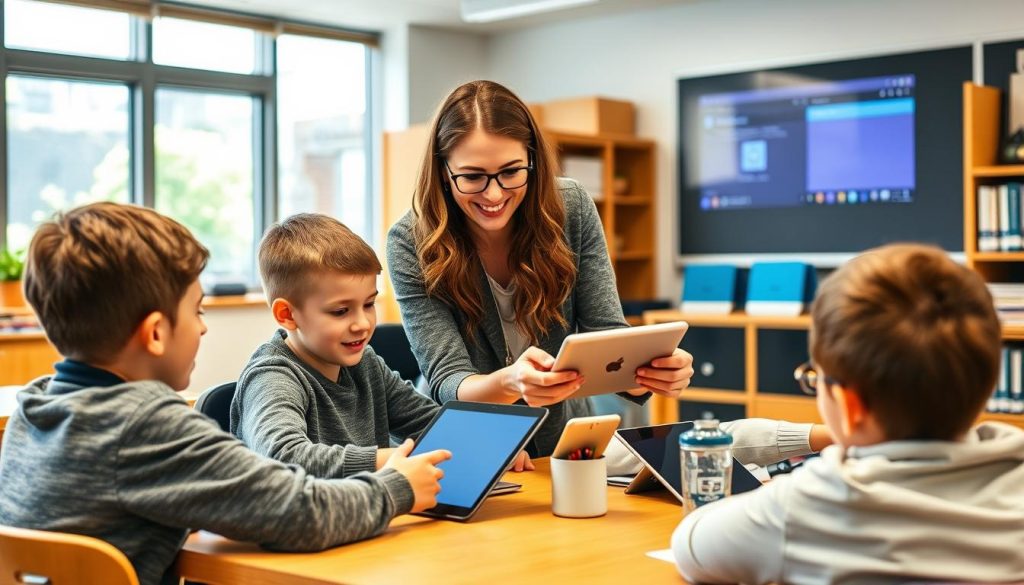 Teacher using digital tools to connect with students in a blended learning environment Teacher using digital tools to connect with students in a blended learning environment