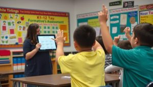 Teacher using formative assessment techniques in a classroom with students Teacher using formative assessment techniques in a classroom with students