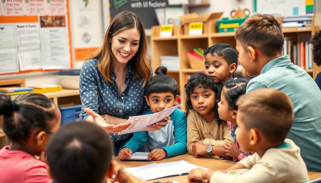 Teacher working with a small group of diverse students who appear initially disengaged, showing the process of building relationships with students who present challenges Teacher working with a small group of diverse students who appear initially disengaged, showing the process of building relationships with students who present challenges