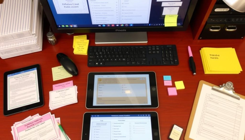 Various formative assessment tools displayed on a teacher's desk
