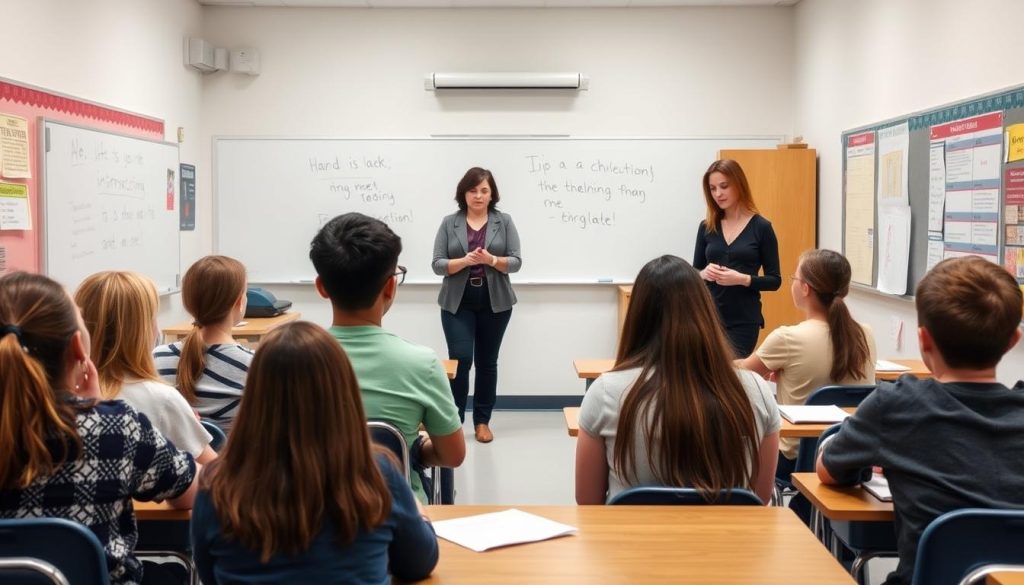 A classroom situation showing one teacher actively teaching while another stands at the back of the room looking disengaged A classroom situation showing one teacher actively teaching while another stands at the back of the room looking disengaged
