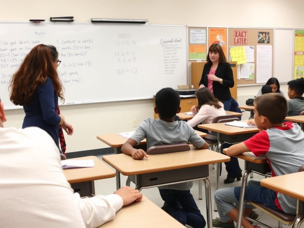 A primary teacher leading instruction while a co-teacher assists individual students, showing effective Models that Work in action A primary teacher leading instruction while a co-teacher assists individual students, showing effective Models that Work in action