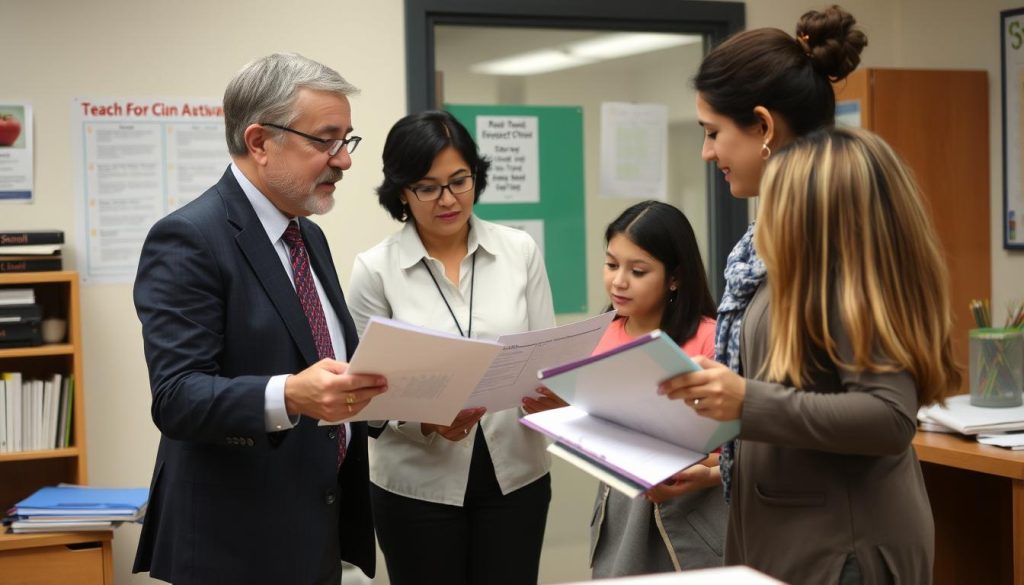 A principal meeting with two co-teachers in an office, reviewing their co-teaching plan and providing administrative support A principal meeting with two co-teachers in an office, reviewing their co-teaching plan and providing administrative support
