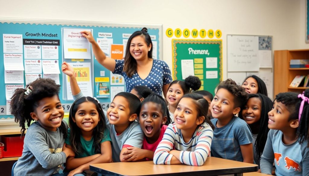 A teacher and students celebrating growth and progress in the classroom A teacher and students celebrating growth and progress in the classroom