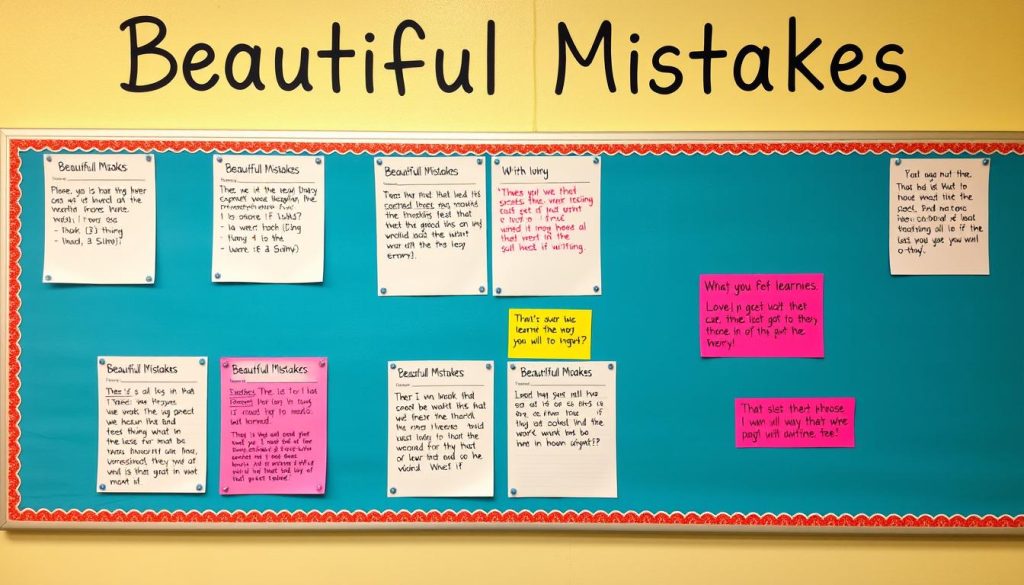 Classroom wall displaying 'Beautiful Mistakes' with student work showing corrections and learning Classroom wall displaying 'Beautiful Mistakes' with student work showing corrections and learning