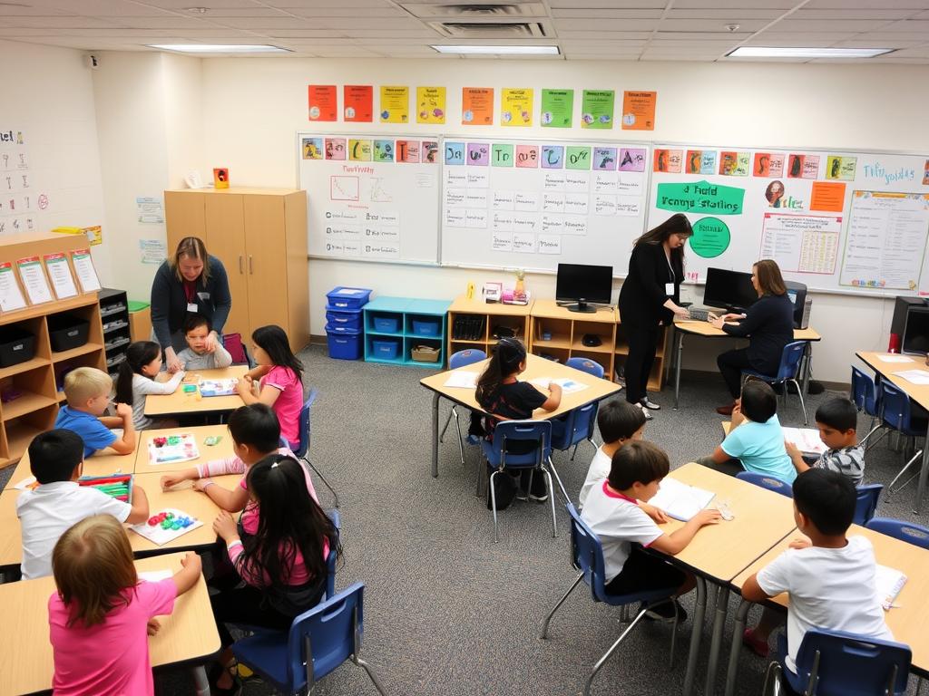 Classroom with multiple learning stations where teachers facilitate different activities, demonstrating the station teaching co-teaching model Classroom with multiple learning stations where teachers facilitate different activities, demonstrating the station teaching co-teaching model