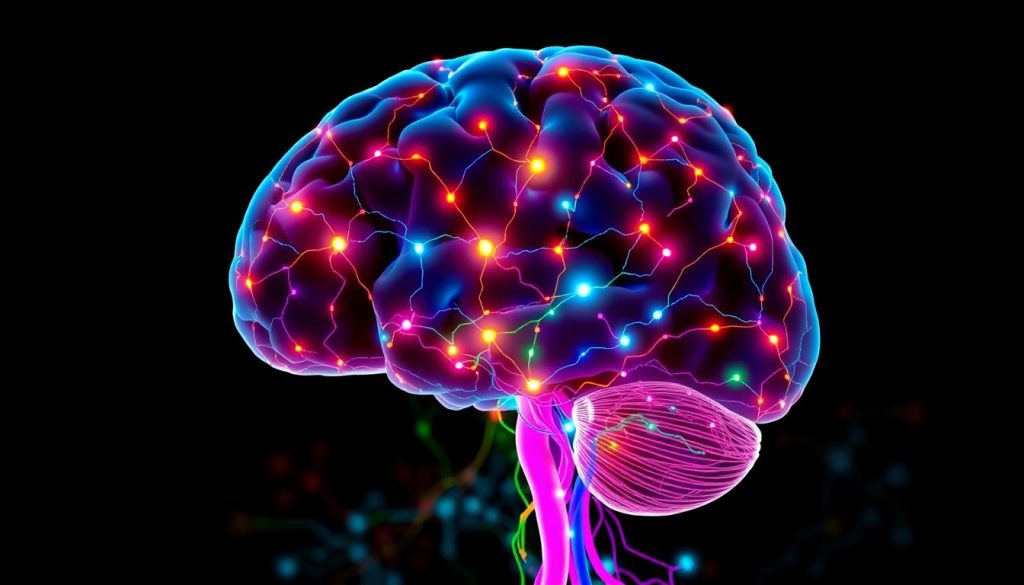 Colorful visualization of neural connections in a childs brain while learning representing Colorful visualization of neural connections in a child's brain while learning, representing how students learn through brain activity