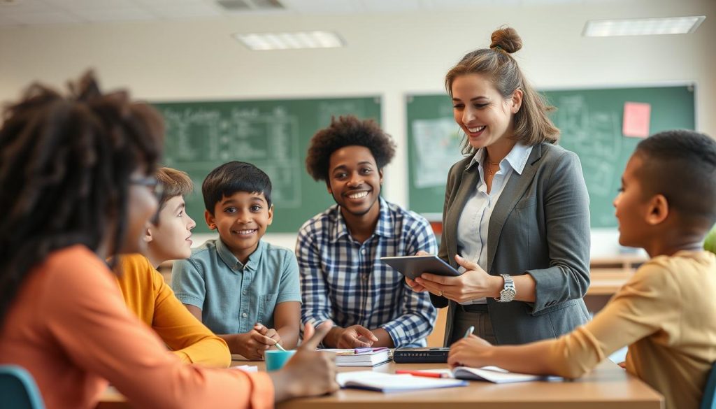 Confident teacher and engaged students in an empowered classroom learning environment
