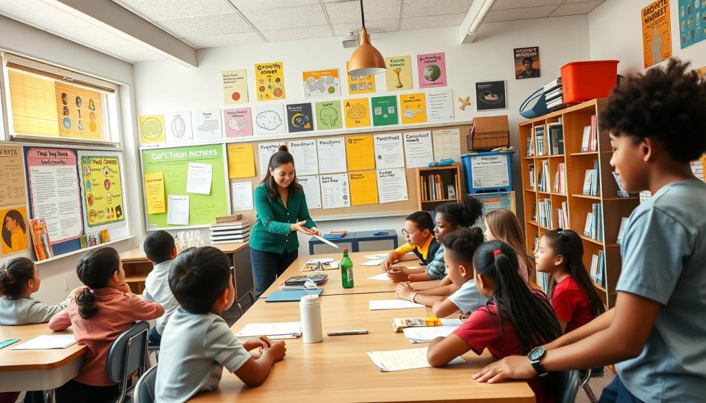 Diverse classroom community engaged in collaborative learning with growth mindset displays Diverse classroom community engaged in collaborative learning with growth mindset displays