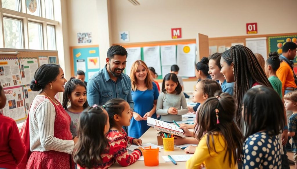Diverse group of families and teachers collaborating at a school event Diverse group of families and teachers collaborating at a school event