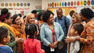 Diverse group of parents and teachers at multicultural school event showing tips to foster relations across cultures