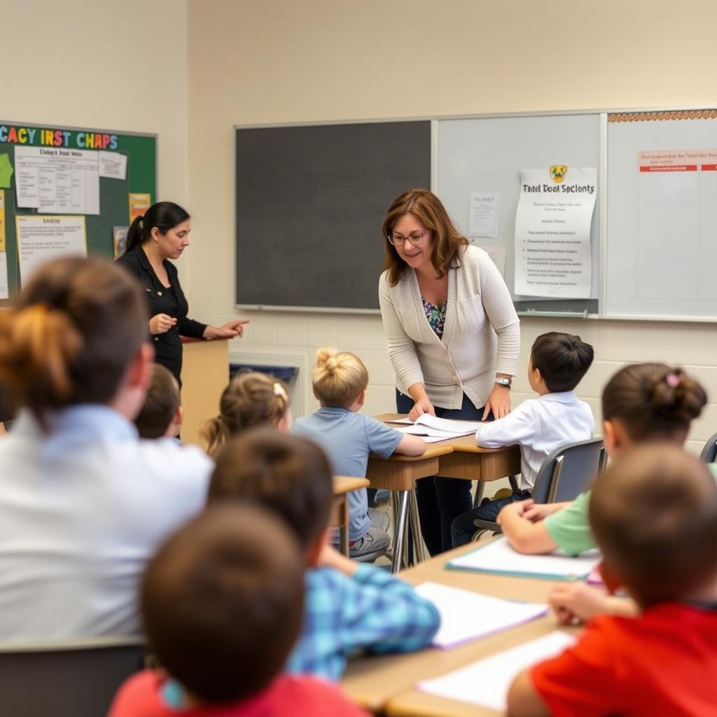 One teacher leading instruction while another circulates to support student learning One teacher leading instruction while another circulates to support student learning
