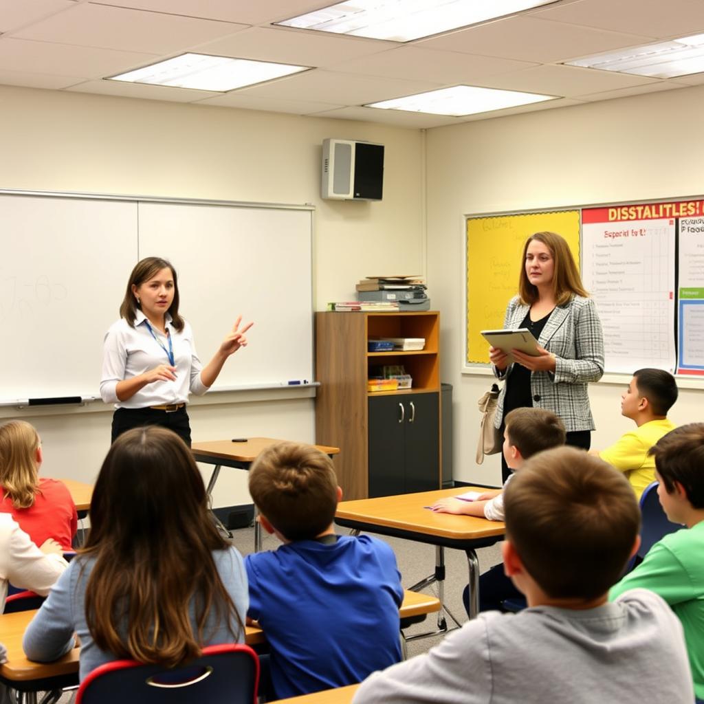 One teacher teaching while another observes student interactions to support student learning One teacher teaching while another observes student interactions to support student learning