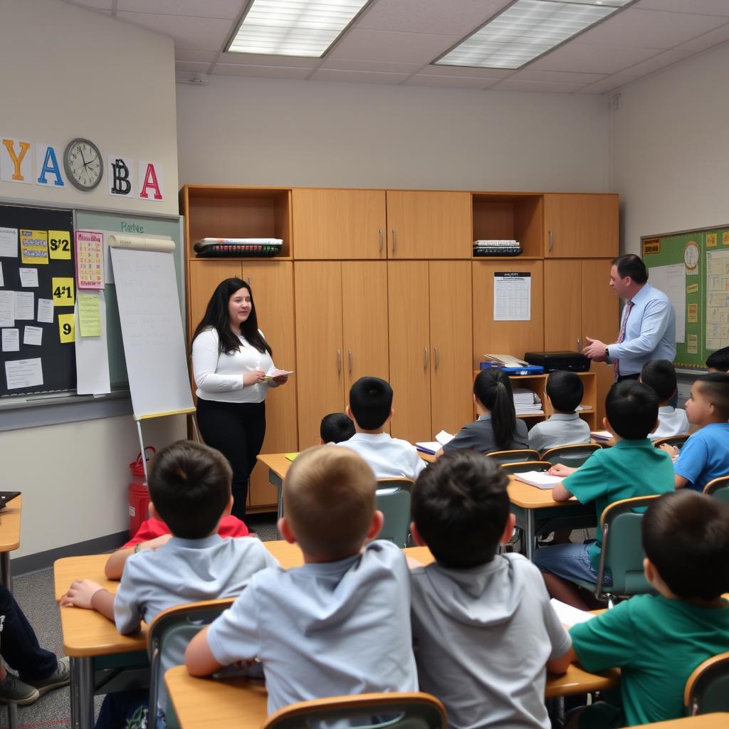 One teacher with a small group while another teaches the larger class to support student learning One teacher with a small group while another teaches the larger class to support student learning