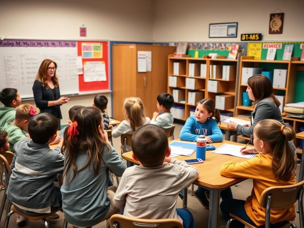One teacher working with a small group while another teaches the majority of the class, demonstrating the alternative teaching co-teaching model One teacher working with a small group while another teaches the majority of the class, demonstrating the alternative teaching co-teaching model