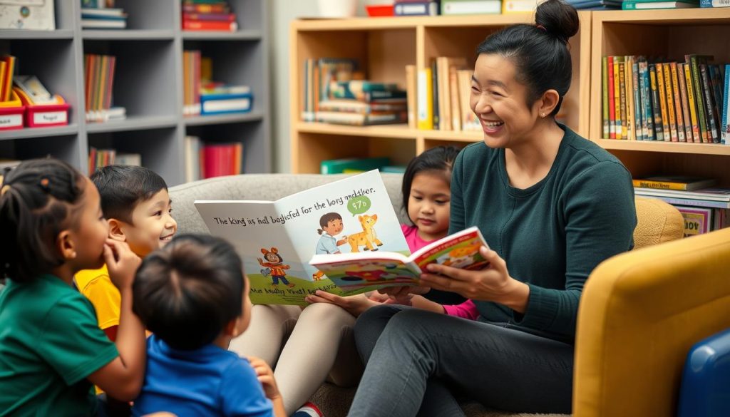 Parent volunteer reading with small group of students demonstrating tips to foster relations through involvement Parent volunteer reading with small group of students demonstrating tips to foster relations through involvement