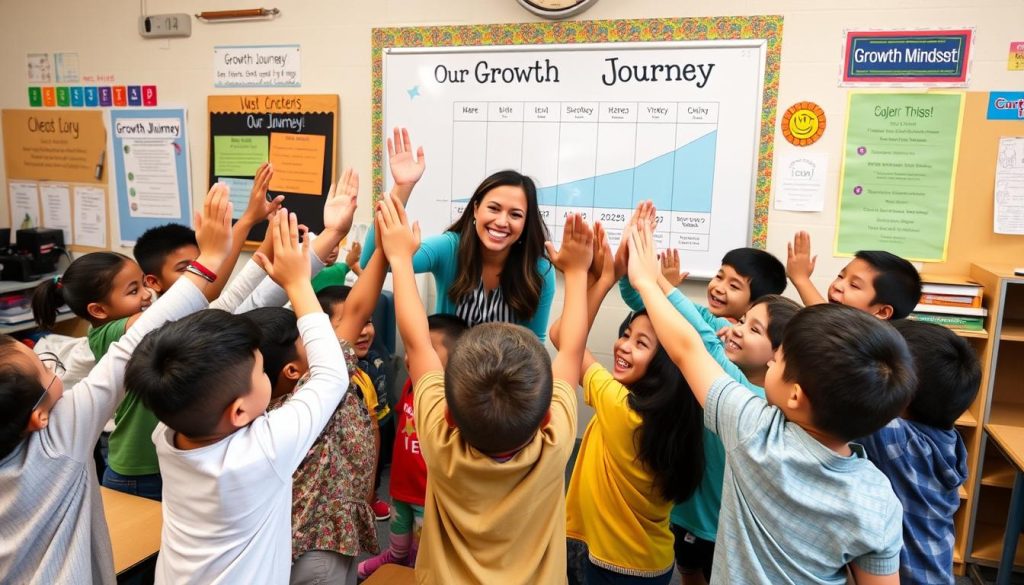 Students celebrating growth and improvement in a supportive classroom community Students celebrating growth and improvement in a supportive classroom community