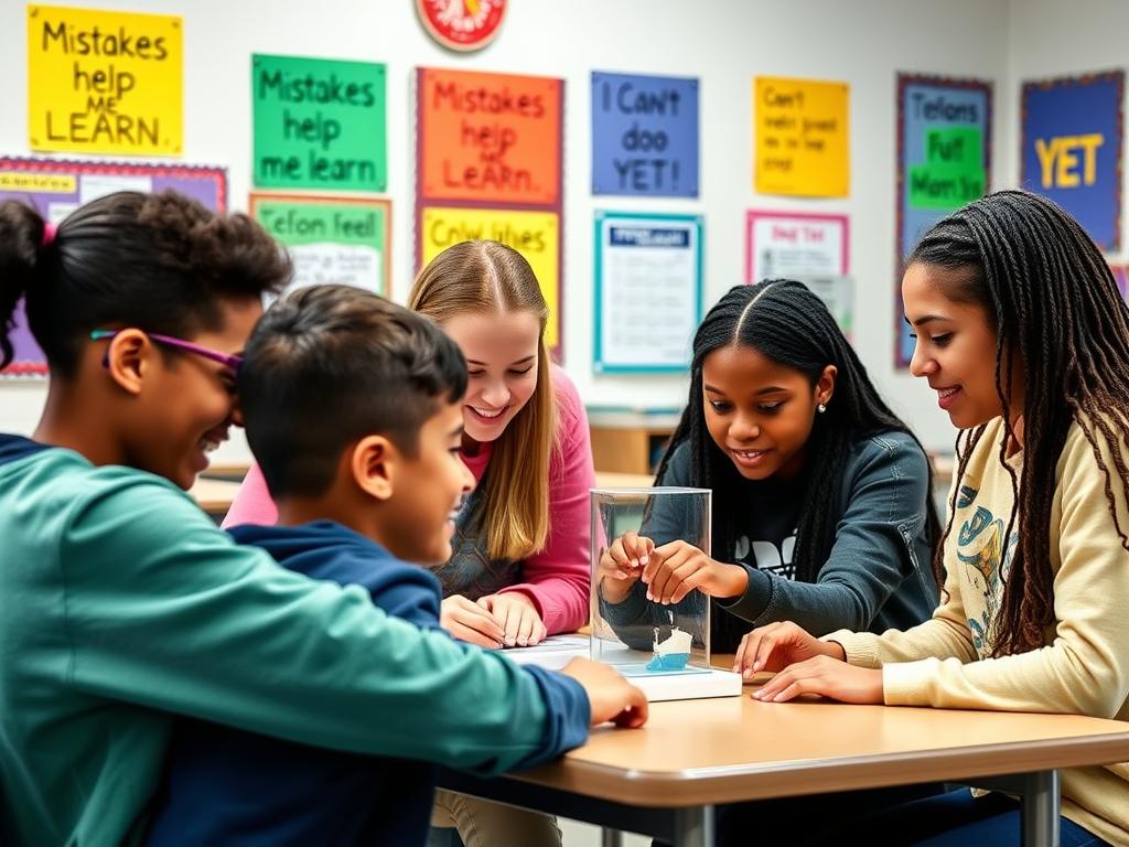 Students collaborating on a challenging project with growth mindset language visible in the classroom Students collaborating on a challenging project with growth mindset language visible in the classroom