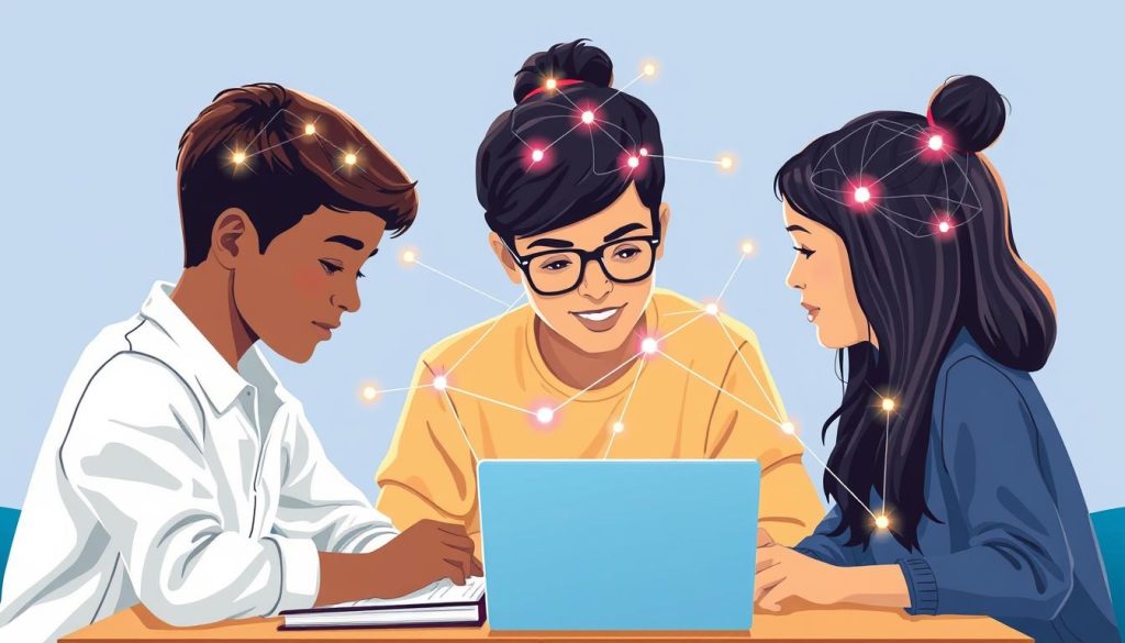 Students collaborating with visualization of neural networks activating between their brains