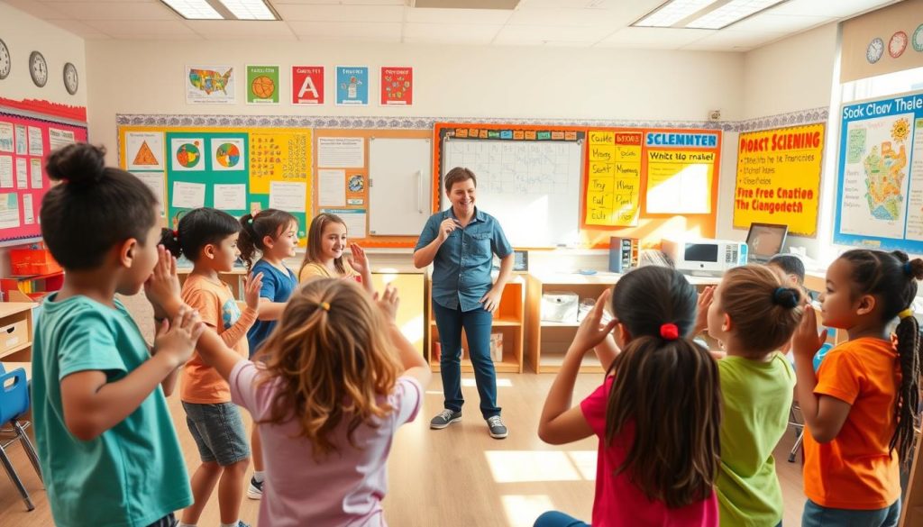 Students engaged in a movement-based learning activity in classroom Students engaged in a movement-based learning activity in classroom