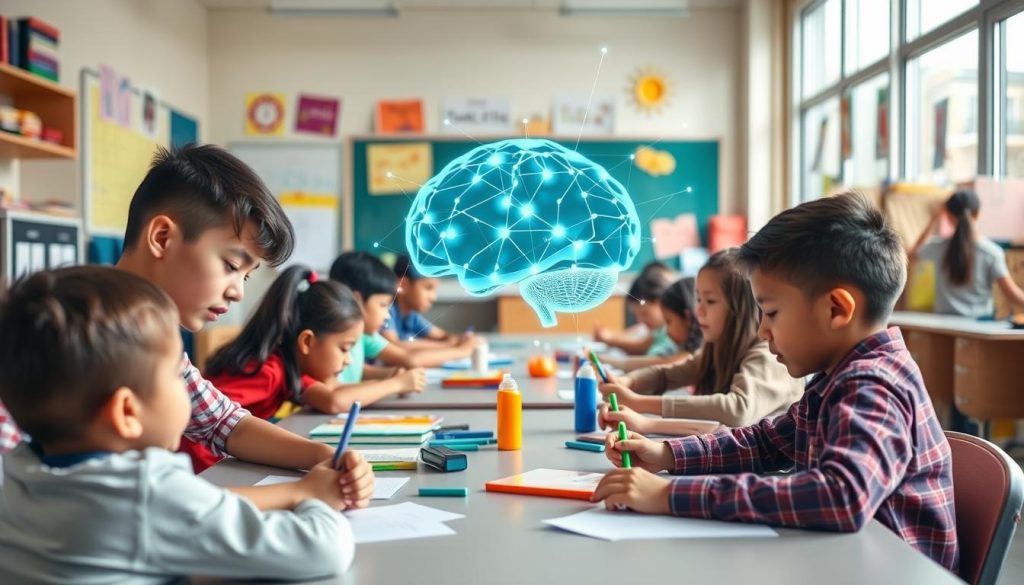Students engaged in active learning with brain activity visualization overlay