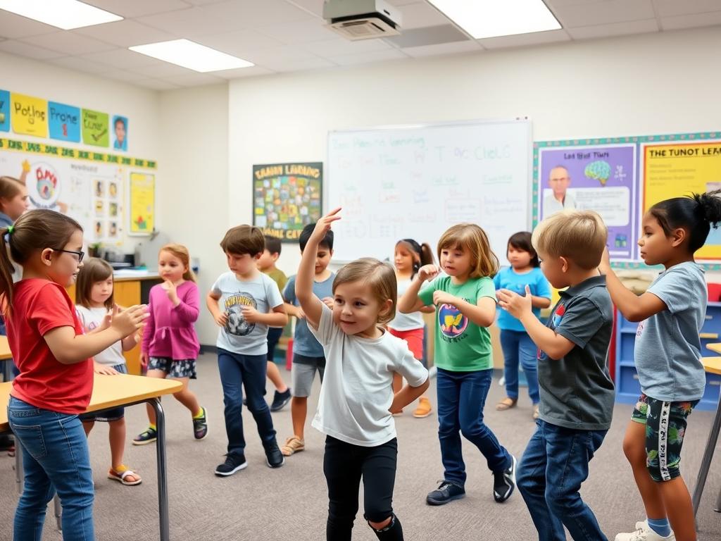 Students engaged in movement-based learning activities in a classroom Students engaged in movement-based learning activities in a classroom
