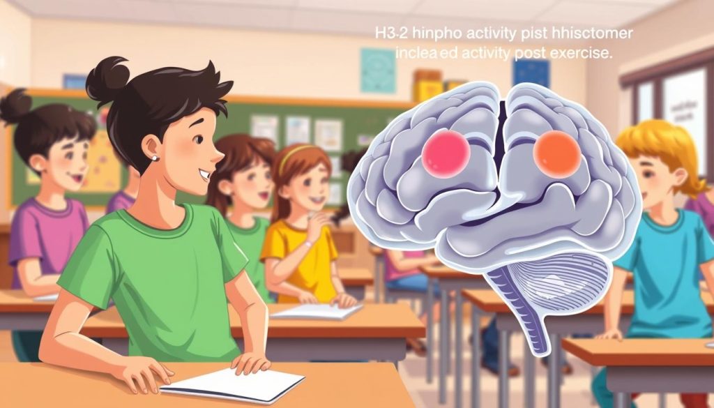 Students engaged in physical activity with brain regions highlighted showing increased activity